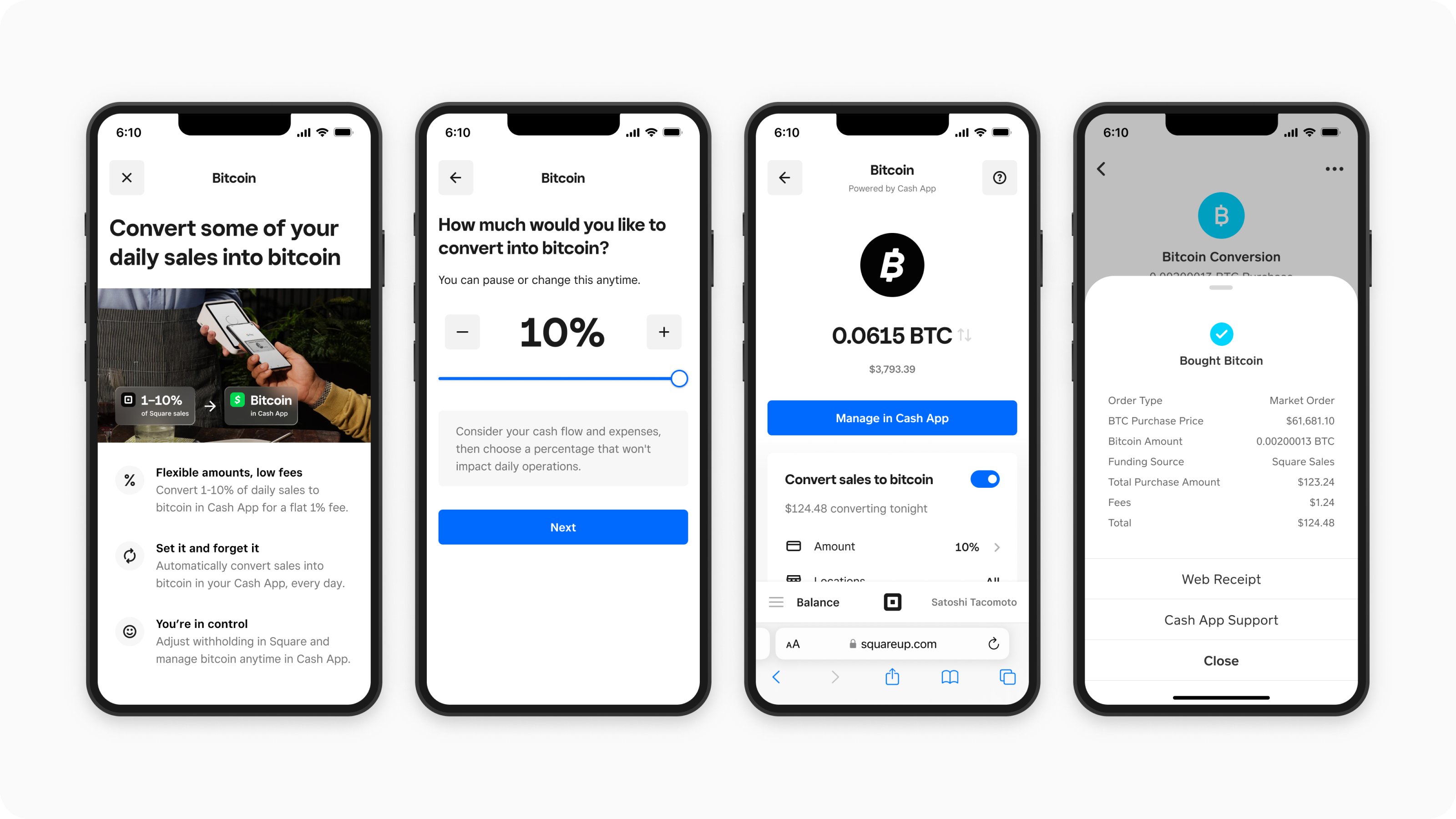 Square Bitcoin Conversions product screens