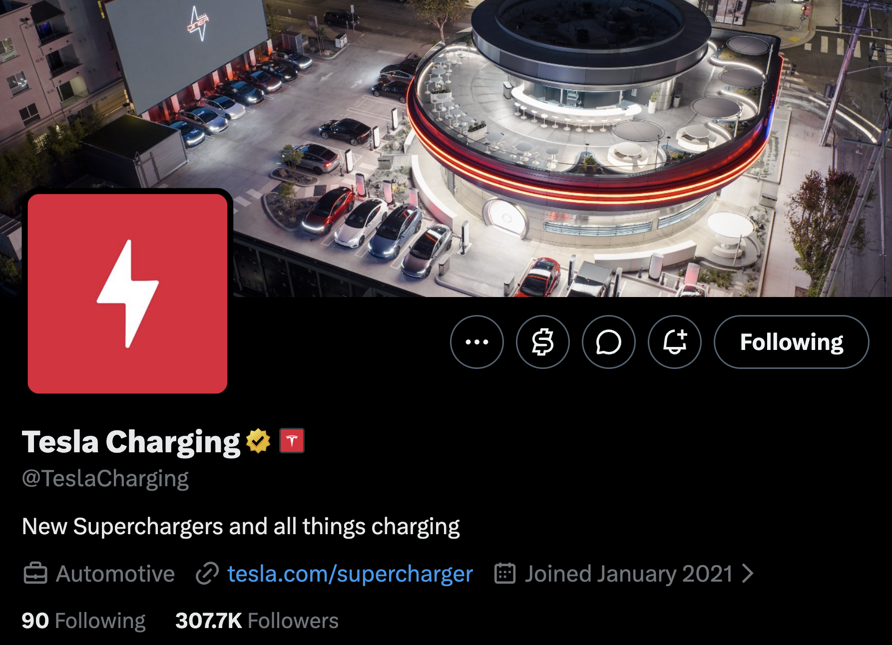 TeslaCharging X profile showing 307.7K followers and a January 2021 join date